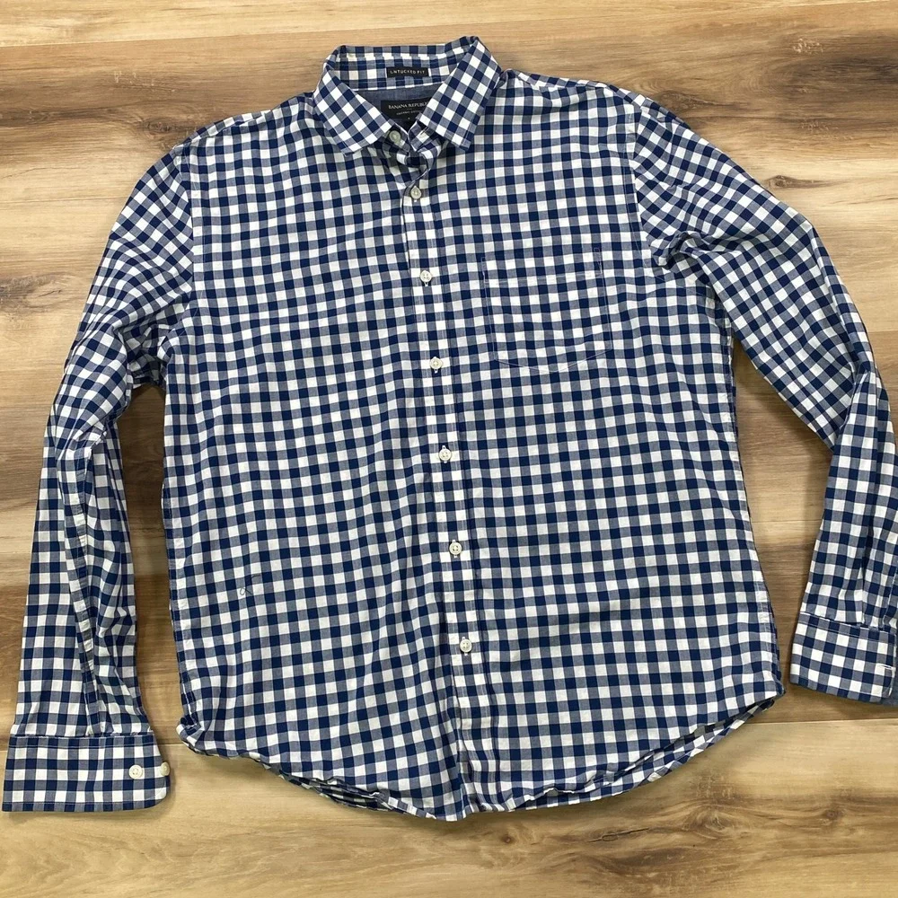 Banana Republic Shirt Mens Large Gingham Organic Cotton Untucked Fit Navy Blue